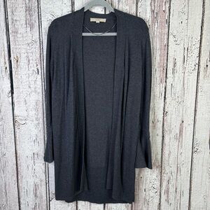 LOFT Gray Grey Open Front Long Line Cardigan Sweater Size Small Bell Tie Sleeves